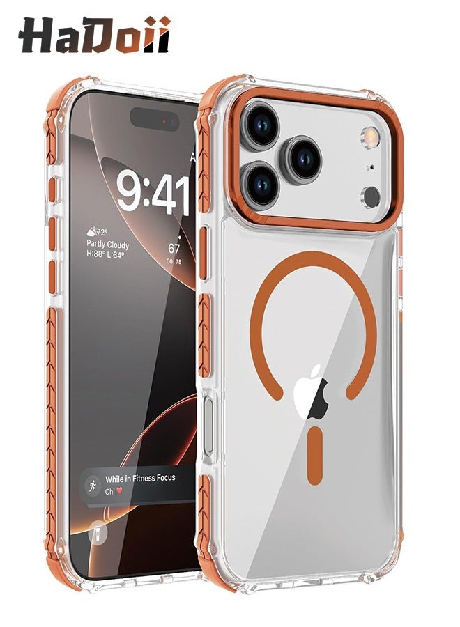 HaDoii Strong Magnetic Case for iPhone 17 Pro Max 6.9-Inch,[Compatible with Magsafe] [Aluminum Camera Frame] Clear Slim Shockproof Protective Phone Cover-Transparent+Orange - Image 1